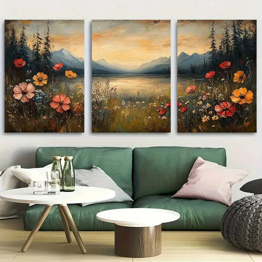 3pcs Country Moody Wildflower Field Metal Print Ready to Hang Art