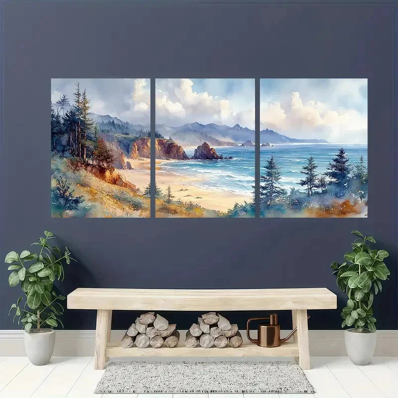 3pcs Vibrant Watercolor Landscape with Beach Metal Print Ready to Hang Art