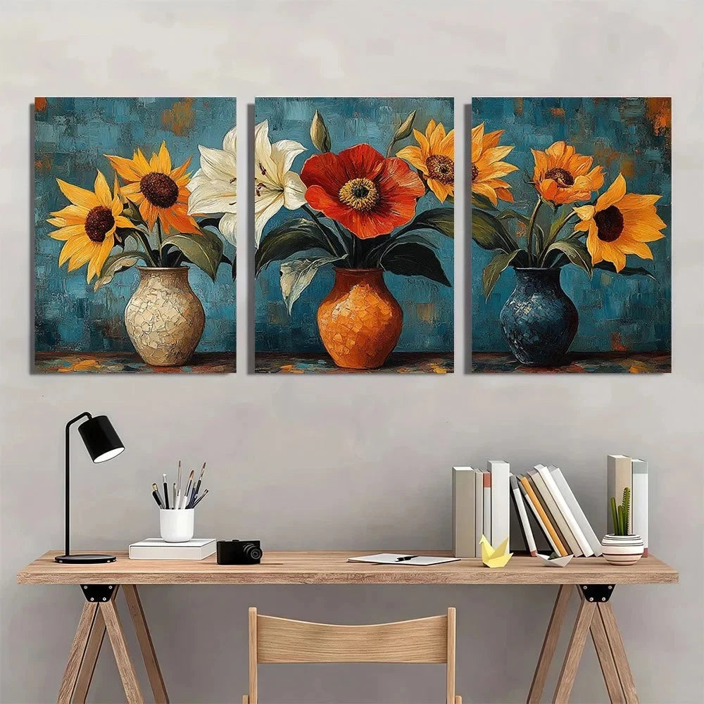 3pcs Vibrant Red Yellow & White Sunflowers Metal Print Ready to Hang Art