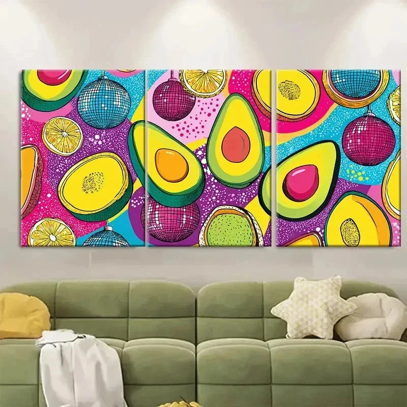 3pcs Vibrant Disco Ball Avocado Funky Fruit Metal Print Ready to Hang Art