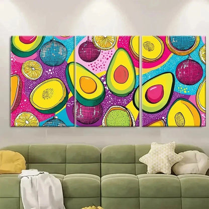 3pcs Vibrant Disco Ball Avocado Funky Fruit Metal Print Ready to Hang Art