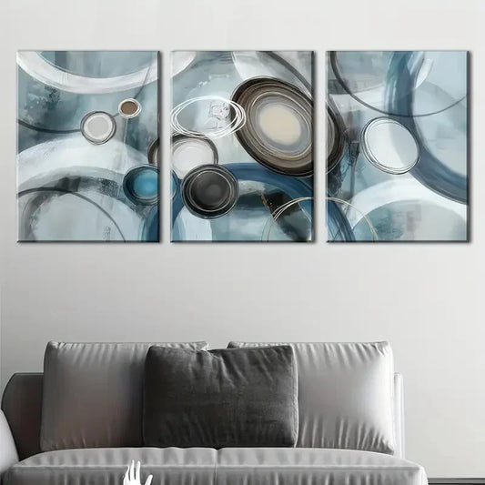 3pcs Abstract Lines And Circles in Teal Green Metal Print Ready to Hang Art