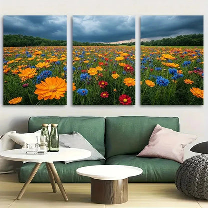 3pcs Field of Wildflowers In a Thunder Storm Metal Print Ready to Hang Art