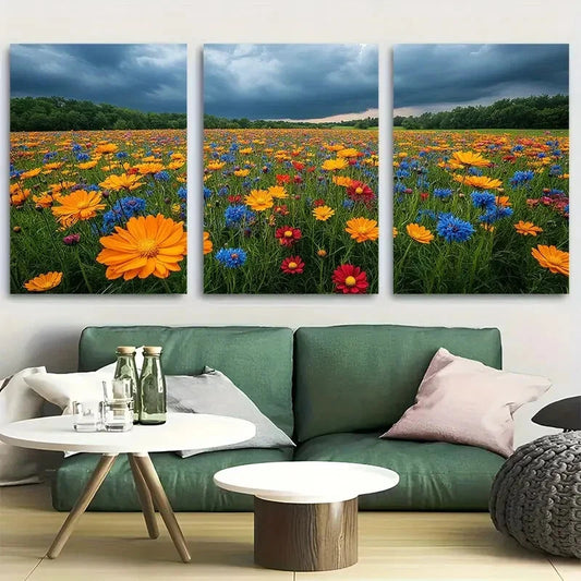 3pcs Field of Wildflowers In a Thunder Storm Metal Print Ready to Hang Art
