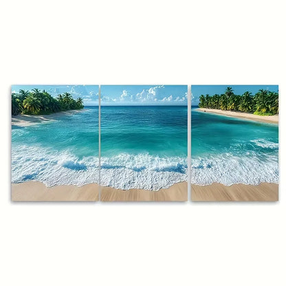 3pcs Aerial Tropical Beach with Palm Trees Metal Print Ready to Hang Art