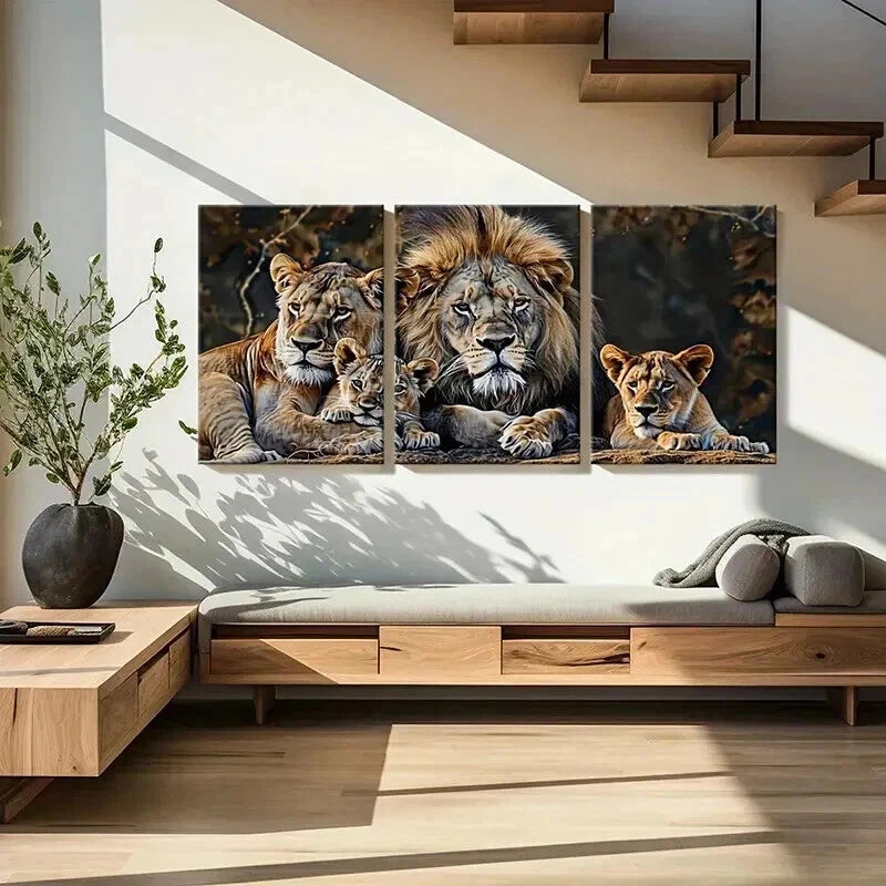 3pcs Lion Family Wildlife Nature Wall Art Set Canvas Framed 60x90cm - High Quality Print 100% Australian Made Wall Canvas Ready to Hang