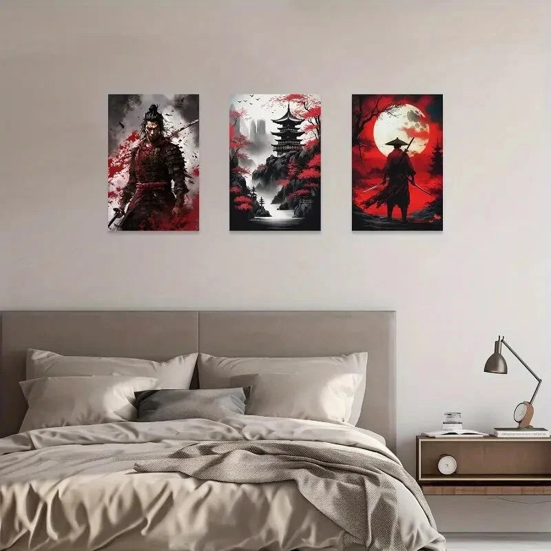 3pcs Japanese Moonlit Samurai & Pagoda Scenes Metal Print Ready to Hang Art