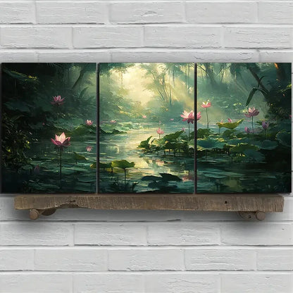 3pcs Lotus And Lotus Leaves in The Water Metal Print Ready to Hang Art