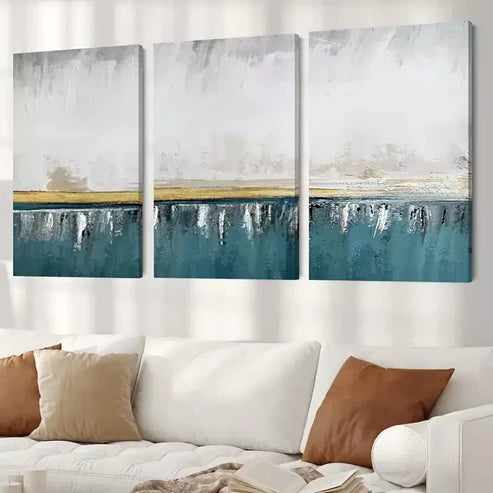 3pcs White Gold & Blue Abstract Design Canvas Framed 60X90cm - High Quality Print 100% Australian Made Wall Canvas Ready to Hang