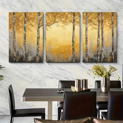 3pcs Golden Birch Forest Painting Metal Print Ready to Hang Art