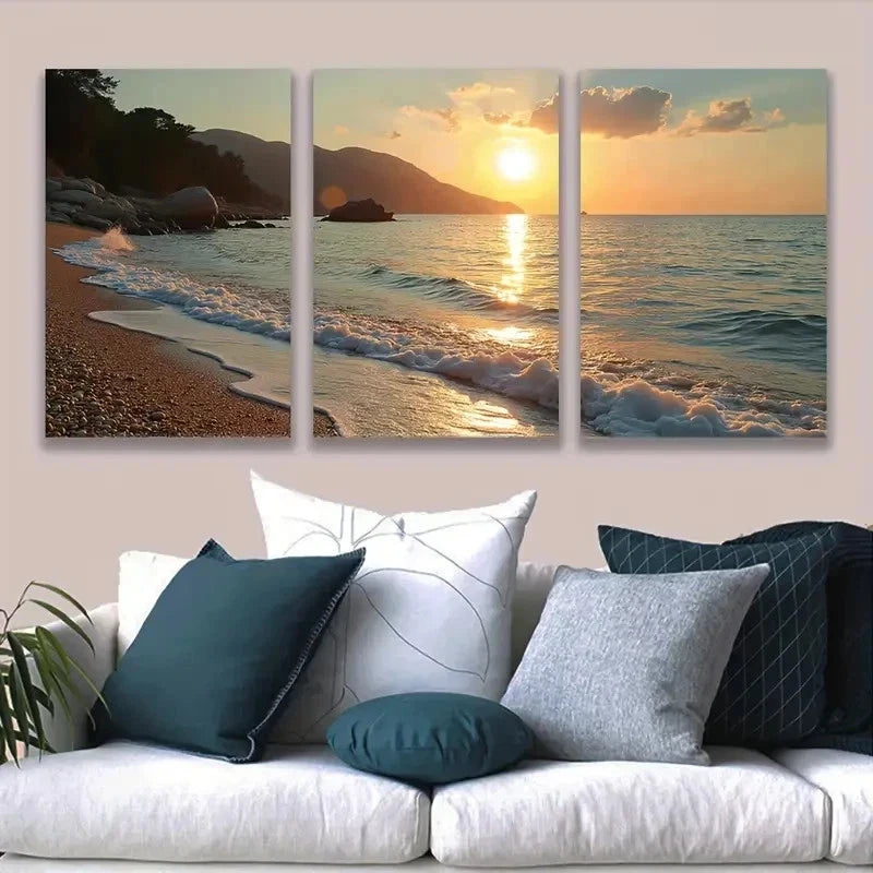 3pcs Sunset On The Rocks Wall Art Set Canvas Framed 60x90cm - High Quality Print 100% Australian Made Wall Canvas Ready to Hang