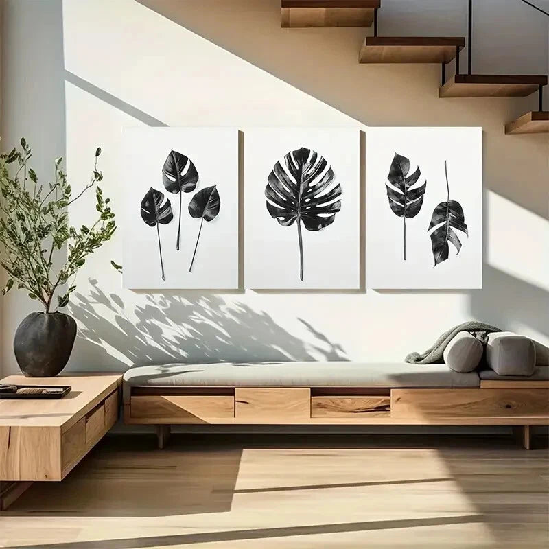 3pcs Tropical Palm Leaf Black & White Monstera Metal Print Ready to Hang Art