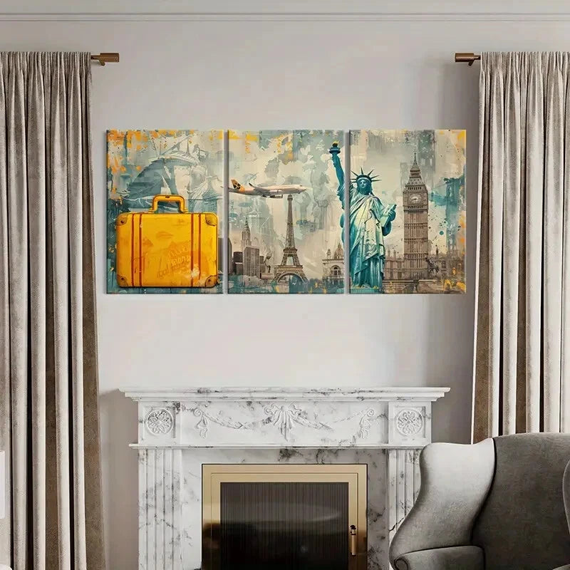 3pcs Statue Of Liberty Eiffel Tower Airplane Metal Print Ready to Hang Art