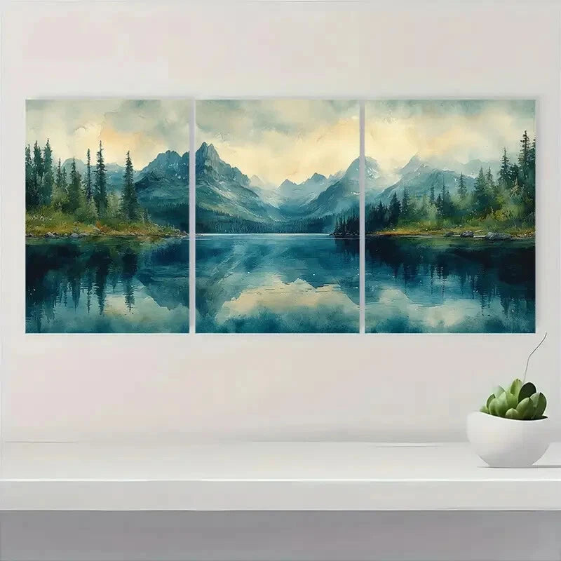 3pcs Mountain Lake Watercolor Glacier Park Metal Print Ready to Hang Art