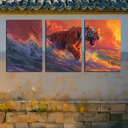 3pcs Vibrant Majestic Tiger Seascape Metal Print Ready to Hang Art
