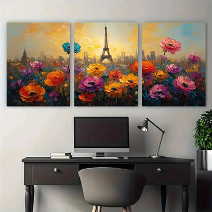 3pcs France Cityscape with Abstract Flowers Design Metal Print Ready to Hang Art