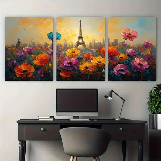 3pcs France Cityscape with Abstract Flowers Design Metal Print Ready to Hang Art