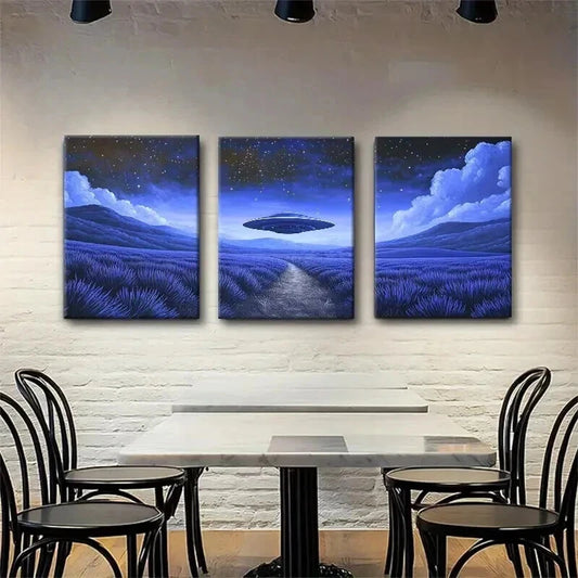 3pcs UFO Night Landscape Spaceship Perfect Wall Art Set Canvas Framed 40x60cm - High Quality Print 100% Australian Made Wall Canvas Ready to Hang