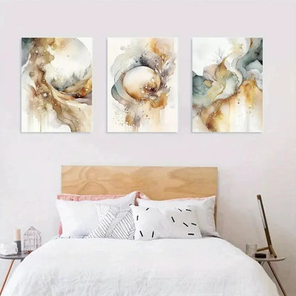 3pcs Golden Beige Gray Painting Artwork Metal Print Ready to Hang Art