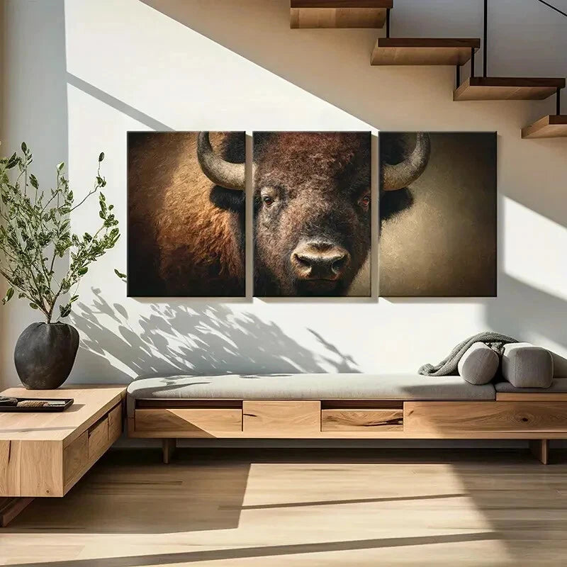 3pcs Artistic Bison Portrait Wildlife Art Metal Print Ready to Hang Art
