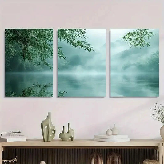 3pcs Blue White & Green Bamboo Serene Nature Metal Print Ready to Hang Art