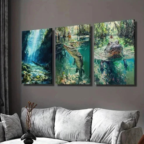 3pcs Rainforest Crocodiles in Freshwater Wall Art Canvas Unframed - High Quality Print 100% Australian Made Wall Canvas