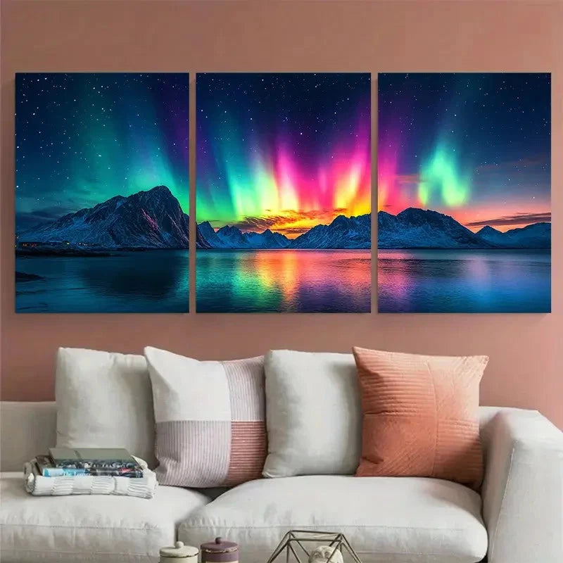 3pcs Northern Lights Over Lofoten Islands Mountain Metal Print Ready to Hang Art