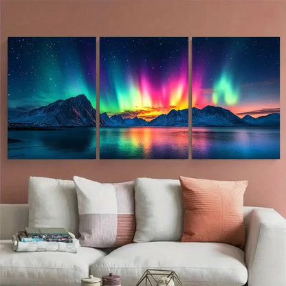 3pcs Northern Lights Over Lofoten Islands Mountain Metal Print Ready to Hang Art
