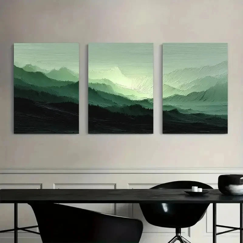 3pcs Green & Gray Layered Landscape Wall Art Metal Print Ready to Hang Art