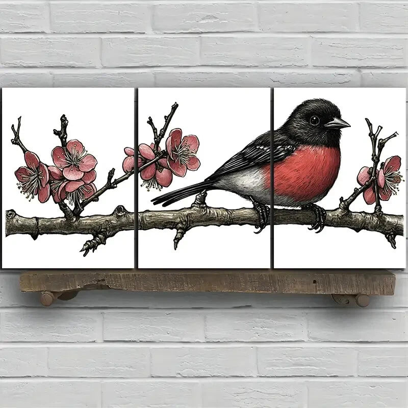 3pcs Birds on Plum Blossom Botanical Branches Metal Print Ready to Hang Art