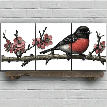3pcs Birds on Plum Blossom Botanical Branches Metal Print Ready to Hang Art