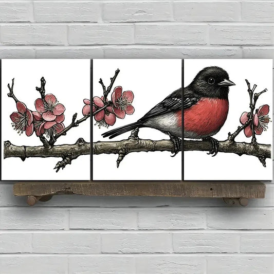 3pcs Birds on Plum Blossom Botanical Branches Metal Print Ready to Hang Art