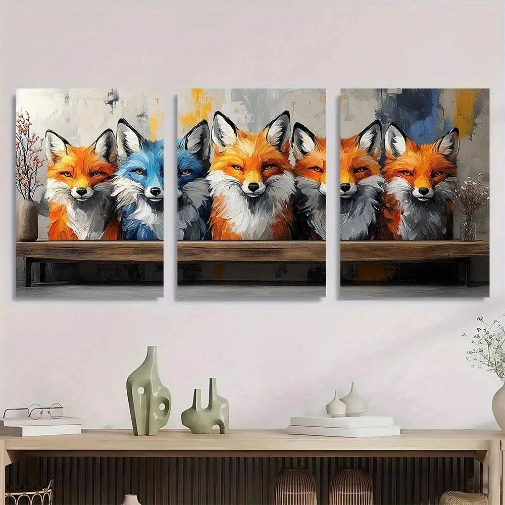 3pcs Abstract Orange Vibrant Blue & White Fox Metal Print Ready to Hang Art