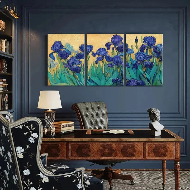 3pcs Artistic Blue Iris Flowers Abstract Painting Metal Print Ready to Hang Art