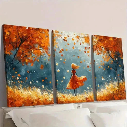 3pcs Falling Leaves Girl Fine Art Print E Wall Art Set Canvas Unframed - High Quality Print 100% Australian Made Wall Canvas