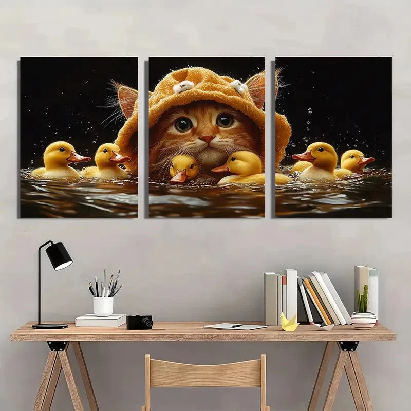 3pcs Adorable Cat Lion Hat Ducks Wall Art Set Canvas Framed 50x70cm - High Quality Print 100% Australian Made Wall Canvas Ready to Hang