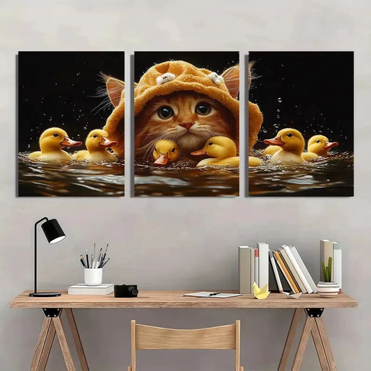 3pcs Adorable Cat Lion Hat Ducks Wall Art Set Canvas Framed 50x70cm - High Quality Print 100% Australian Made Wall Canvas Ready to Hang