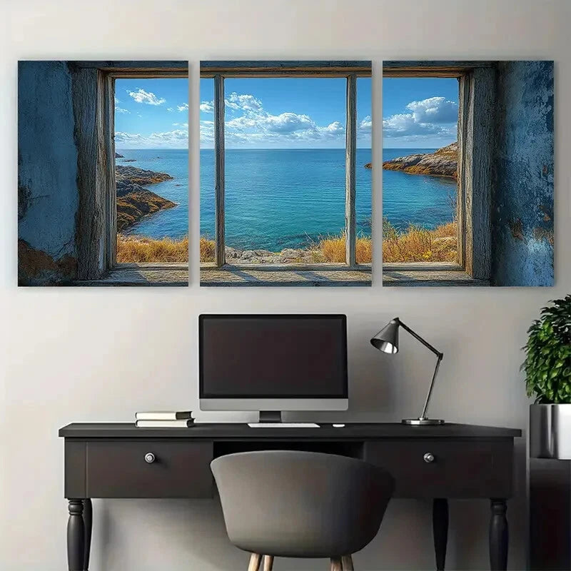 3pcs Window View Bay Cove Illustration Metal Print Ready to Hang Art