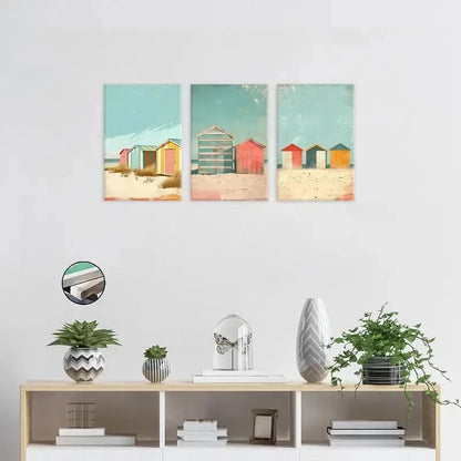 3pcs Decor Coastal Beach Huts  Wall Art Set Canvas Framed 40x60cm - High Quality Print 100% Australian Made Wall Canvas Ready to Hang