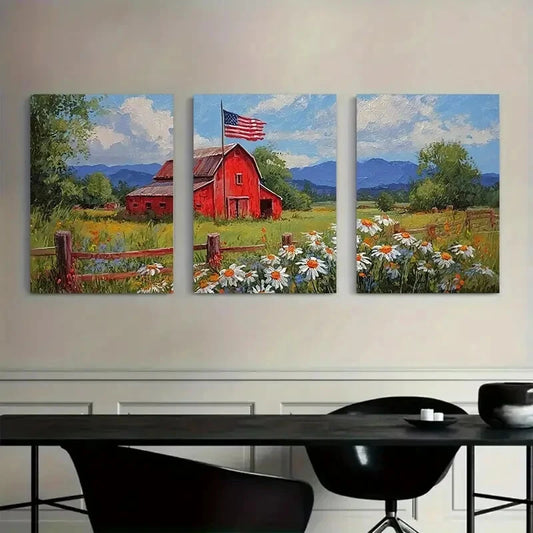 3pcs American Flag Red Barn & Floral Farmhouse Metal Print Ready to Hang Art