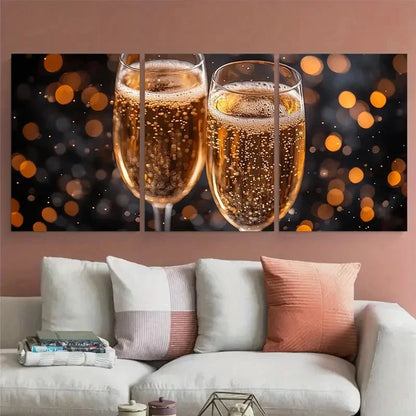 3pcs Champagne Fireworks Celebration Design Metal Print Ready to Hang Art