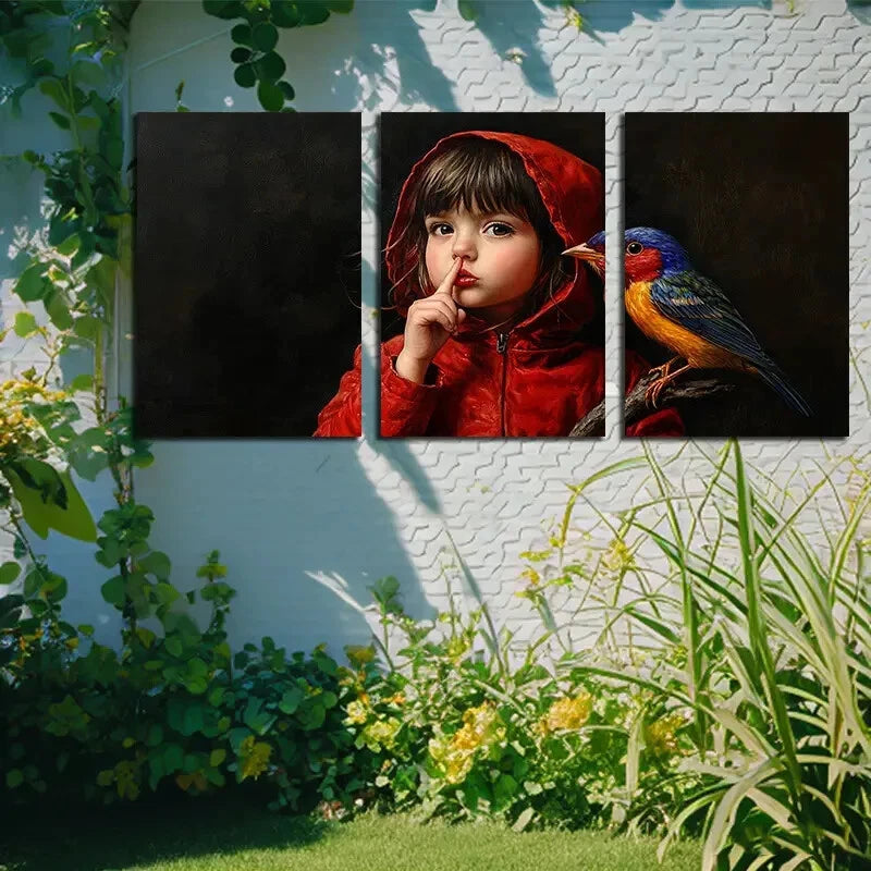 3pcs The Girl in Red and The Bird Modern Design Metal Print Ready to Hang Art