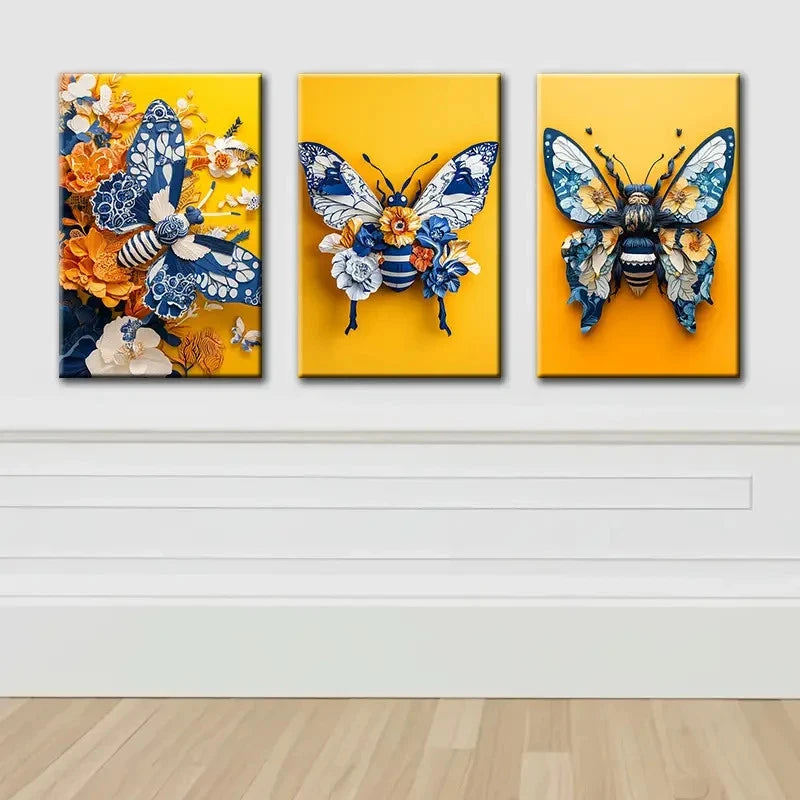 3pcs Butterfly Themed Textured Painting Wall Art Set Canvas Framed 60x90cm - High Quality Print 100% Australian Made Wall Canvas Ready to Hang