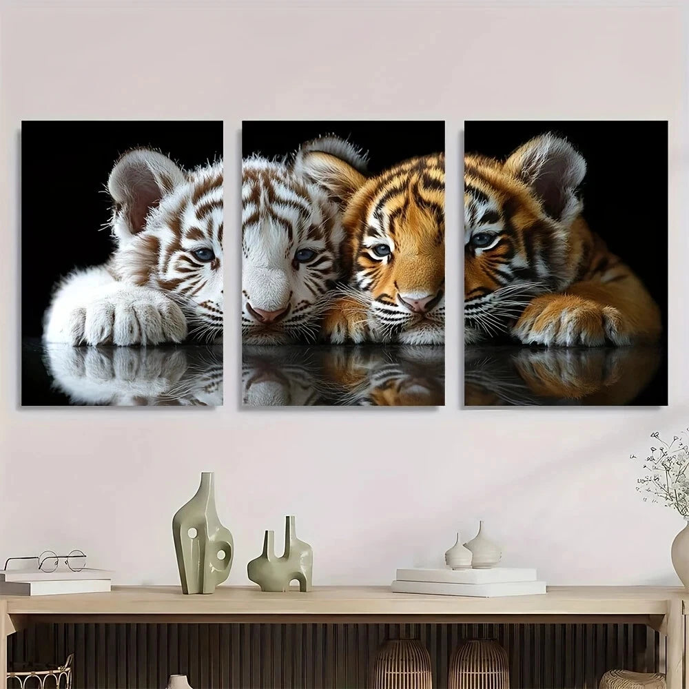 3pcs White Tiger and Cub Animal Family Themed Metal Print Ready to Hang Art