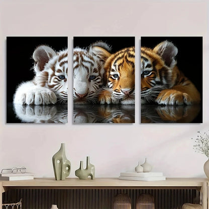 3pcs White Tiger and Cub Animal Family Themed Metal Print Ready to Hang Art