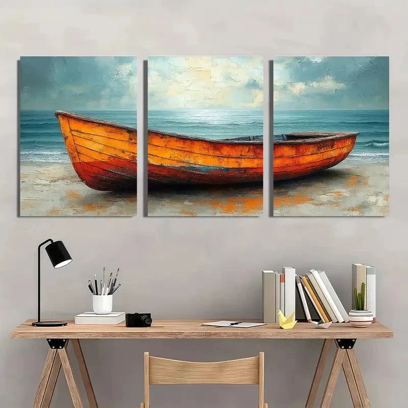 3pcs Boat Vintage Modern Style Serene Seascape Wall Art Set Canvas Framed 40x60cm - High Quality Print 100% Australian Made Wall Canvas Ready to Hang