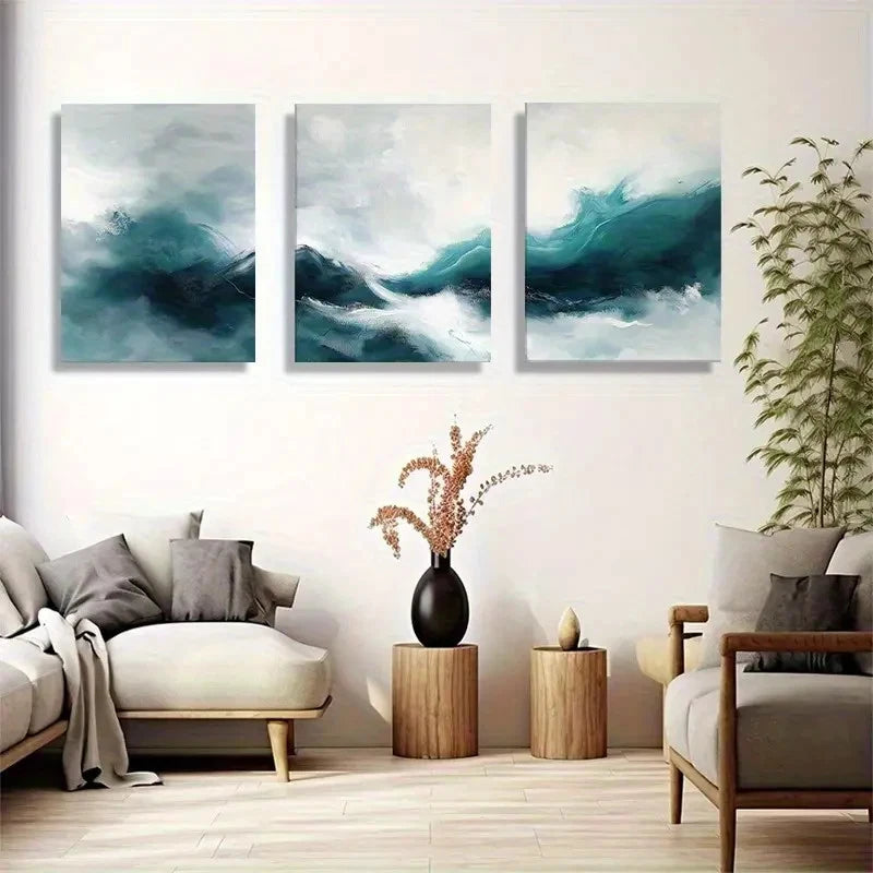 3pcs Abstract Wave Teal and White Seascape Metal Print Ready to Hang Art