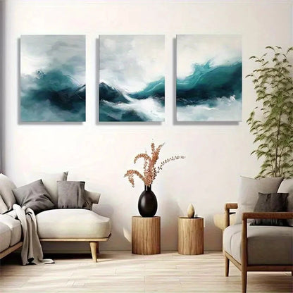 3pcs Abstract Wave Teal and White Seascape Metal Print Ready to Hang Art
