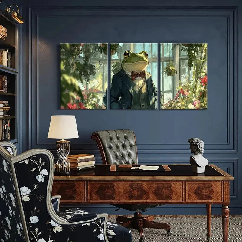 3pcs Elegant Frog in Suit Vintage Botanical Garden Metal Print Ready to Hang Art