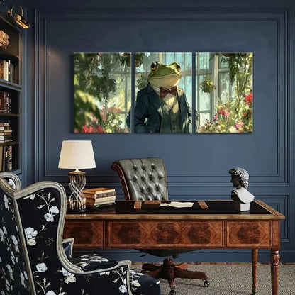 3pcs Elegant Frog in Suit Vintage Botanical Garden Metal Print Ready to Hang Art